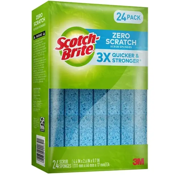Scotch-Brite Zero Scratch Scrub Sponges Blue 24 Count Durable 3X Quicker Stronger 4.4in x 2.6in x 0.7in EA Cleaning Pack for Gentle Cleaning