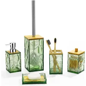 Sage green bathroom accessories set toothbrush holder soap dispenser cotton swabs holder soap dish toilet brush with holder boho bamboo bathroom decoracrylic green