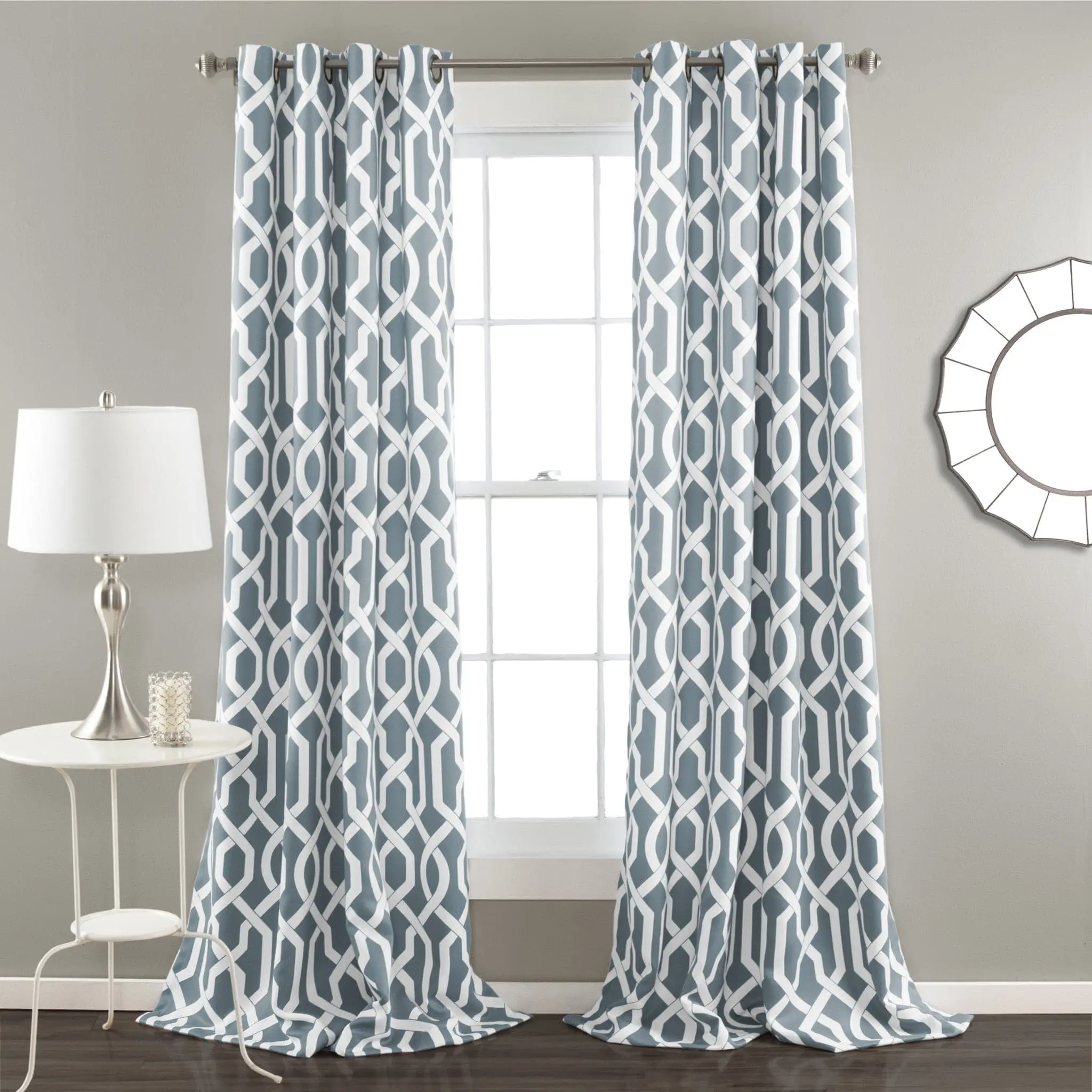 Lush Decor Edward Trellis Grommet Curtains Panel Set - Modern Black Pattern Light Filtering, Multi-Size 52"W x 63/84/95/108"L, 100% Polyester, Room Darkening, Machine Washable for Bedrooms/Living Spaces, Navy Blue Curtains
