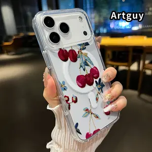 Cherry Embroidered Beauty Pattern Magnetic Phone Case for iPhone 17 16  Pro Max Plus 15 14 13 12 11 Air E Non-Yellowing Clear Crystal Drop-proof Slim Silicone Shockproof Transparent Acrylic Large Hole Cover Supports Wireless Charging