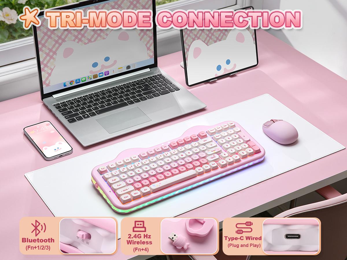 YUNZII C98 Wireless Mechanical Keyboard, 99-Key with Number Pad, BT5.0/2.4G/USB-C Hot Swap Gasket Mount with PBT MOA Keycaps, Custom RGB, Cute Cake Keyboard for Win/Mac