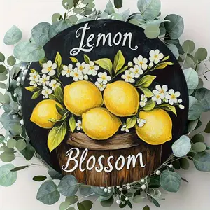 1pc 7.87x7.87 Inch Aluminum Round Wreath Wall Decor Rustic Farmhouse Metal Art with Vibrant Lemon Floral Design Pre-Drilled Holes for Easy Hanging