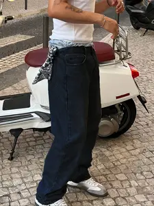 Straight Leg Denim Jeans Plain Cotton Slant Pockets Washed Jean, Casual Versatile Streetwear Wide Leg Jeans, Couple Matching Straight Fit Loose Fit Pants