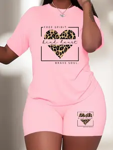【Plus Size】 Patchwork Heart Print Short Sleeve Tee & Shorts Set, Stretchy Outfit Sets, Casual Round Neck T-shirt & Skinny Shorts, Women's Summer Clothes for Daily Wear, Matching Clothing Set, Lounge Shorts Set, Suits