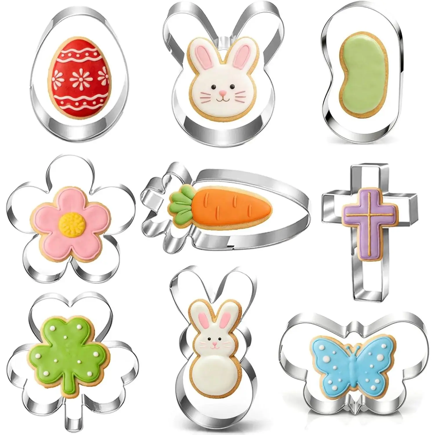 9-Piece Stainless Steel Deep Cut Cookie Cutter Molds - Dishwasher-Safe Baking Utensils with 0.78-Inch Deep Shamrock, Bunny, Egg, Carrot, Flower, Butterfly, Bean Icons for Easter, St. Patrick's Day Party Decor
