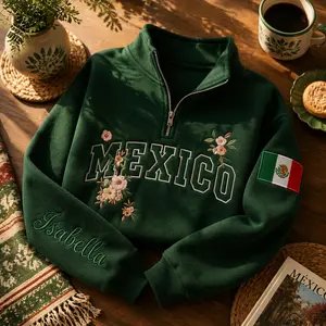 Custom Name Embroidered Mexico Quarter Zip Sweatshirt, Personalized Pullover, Custom Name Athletic Jacket, Mexico Pride Gift, Men Gift