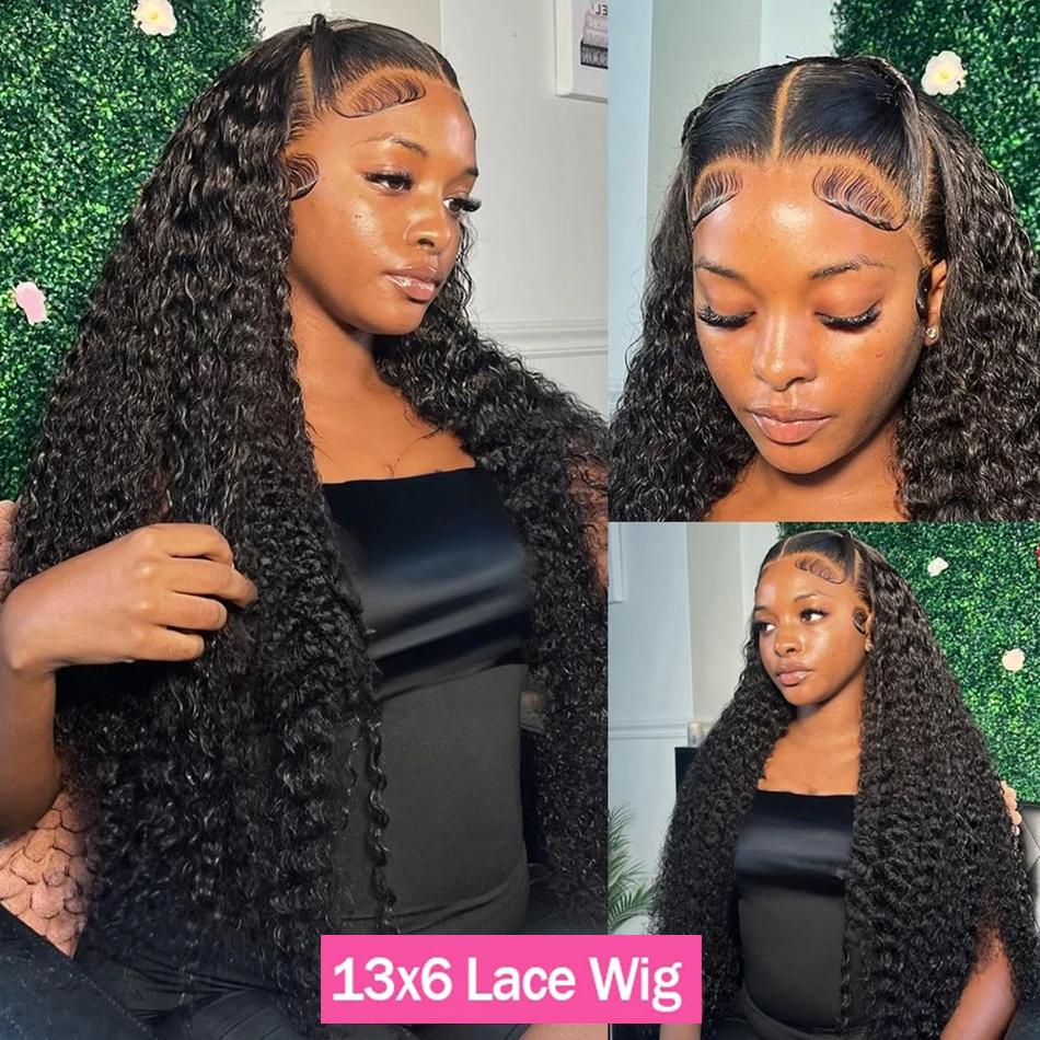 Bling Hair Transparent Brazilian 13x6 Deep Wave Lace Front Human Hair Wigs For Women 180 Density HD 13x6 Kinky Curly Lace Frontal Wigs 36 38 Inch Natural Black Color Preplucked Hairline Wigs