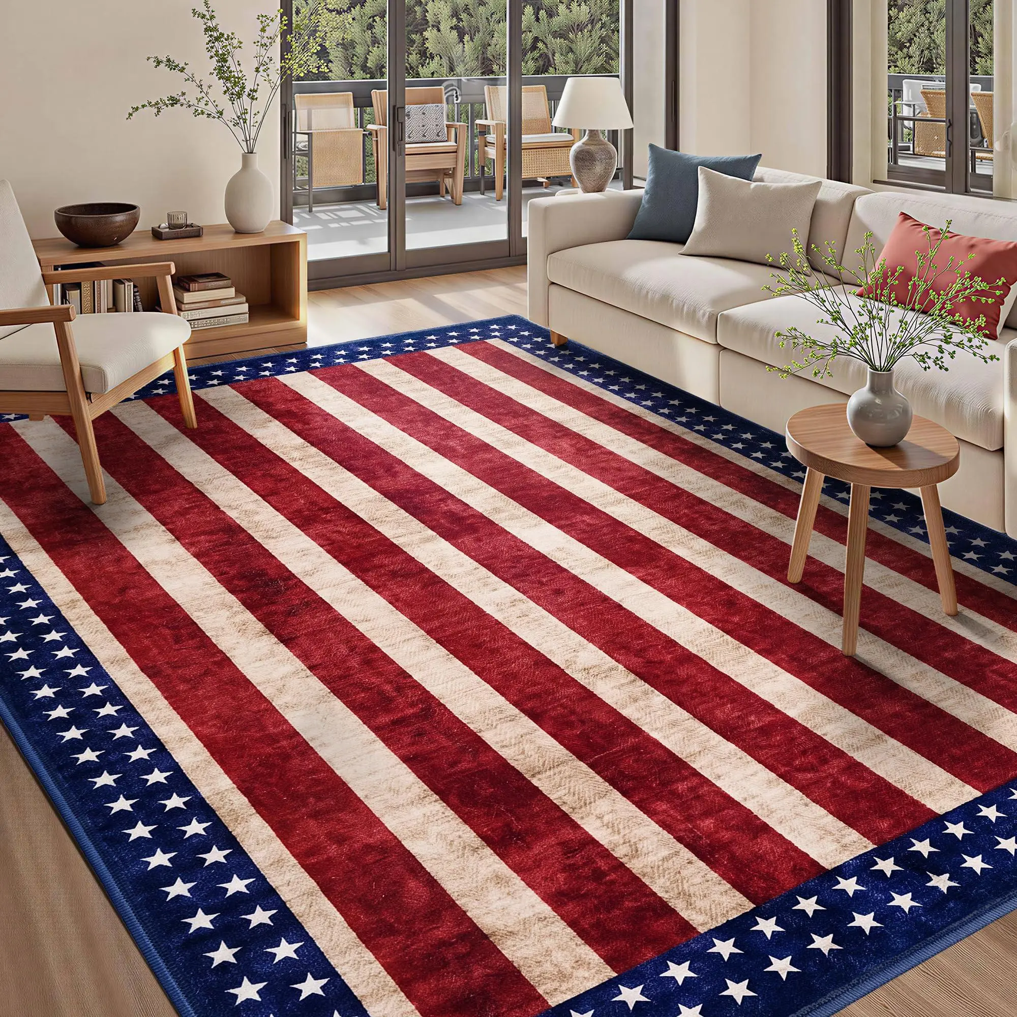 American Flag Rug 3x5, Washable USA Patriotic Area Rug with Non-Slip Backing, Low Pile Indoor Mat for Living Room, Bedroom, Entryway, Kitchen, Front Door, Office Decor, Red