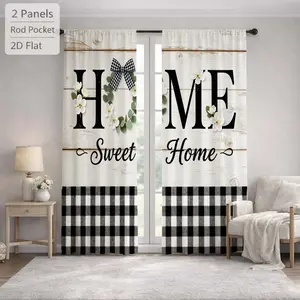 2Pcs Rustic Plaid Farmhouse Letter Print Sun Blocking Curtains Digital Printed Rod Pocket, Window Treatment For Bedroom Office Kitchen Living Room Study Home Decor
