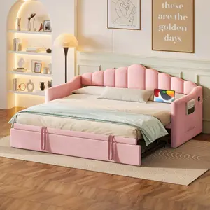 Bellemave  Upholstered Twin Size Daybed with Adjustable Height Pop Up Trundle Twin Bed and USB & Type-C Charging Port, Day Bed Frame with 2 Side Pockets, No Box-Spring Needed