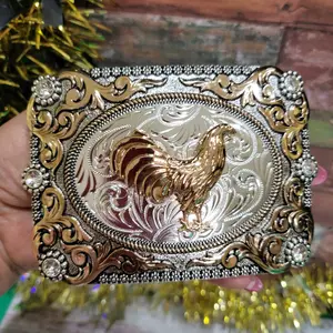 Rooster Belt Buckle Faux Mexican Peso Design rose tone  with Central Emblem, Rectangular Style, and Decorative Elements, Unisex, Metal, 4.5 x 3.5 Inches