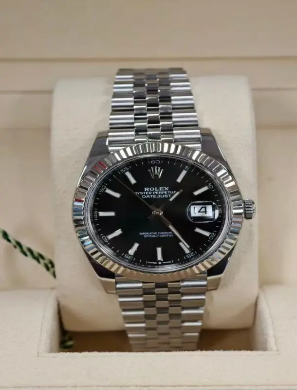 ‮ xeloR  ‬41 Men Automatic Watch, Black Stick Dial Fluted Bezel Jubilee Bracelet Luxury Dress Wrist Watch