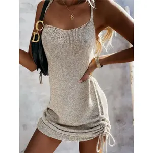 Drawstring Scoop Neck Spaghetti Strap Knit Dress