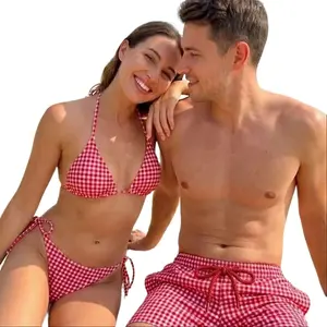 Matching Couple Gingham Swimwear, Custom Plaid Bikini and Swim Trunks, Anniversary Gift for Couple