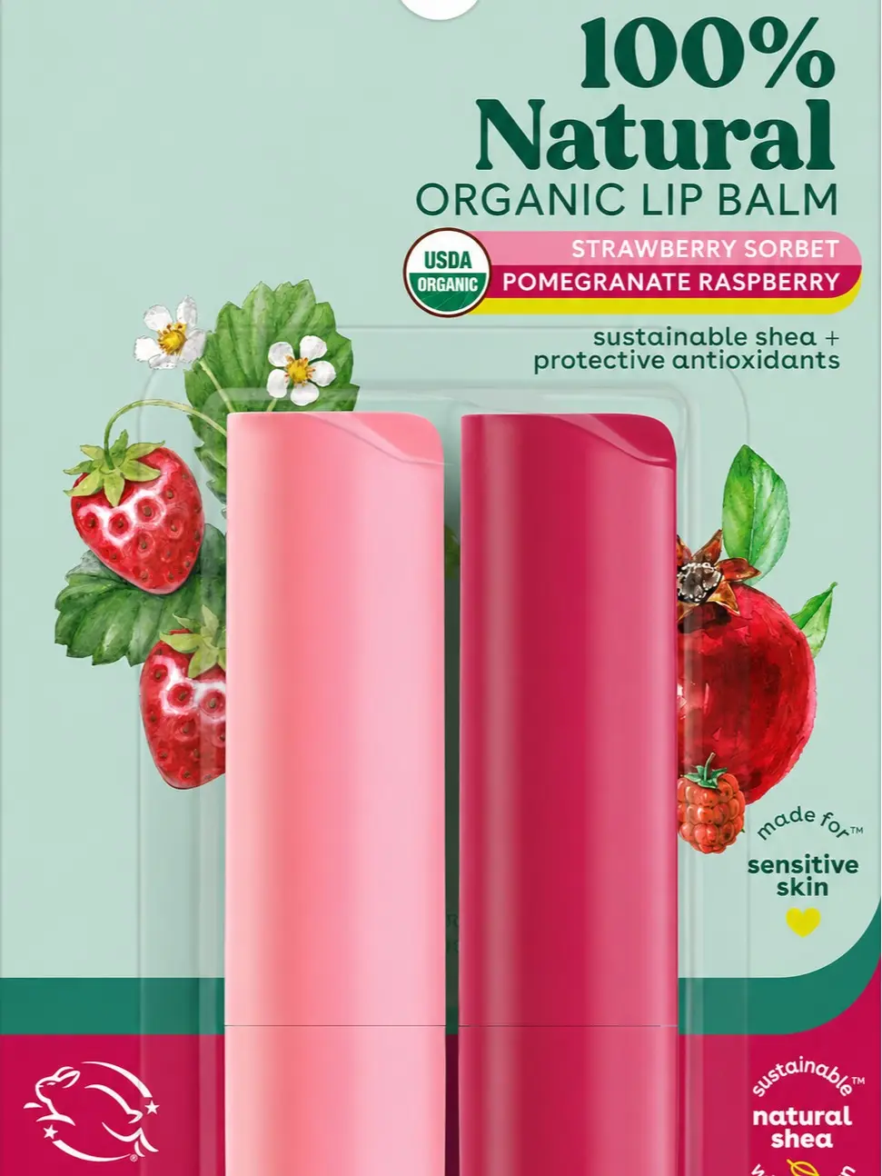 Natural Lip Balm 2-Pack – Strawberry Sorbet & Pomegranate Raspberry, 0.14 oz Each