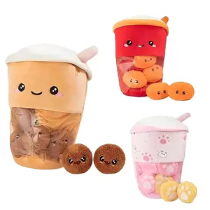 Cute Boba Tea Plush Toy, Kawaii Stuffed Animals, 1 Set Removable Soft Huggable Snack Tea Cup Shaped Pillow with 6 Dolls, Creative Gifts for Kids