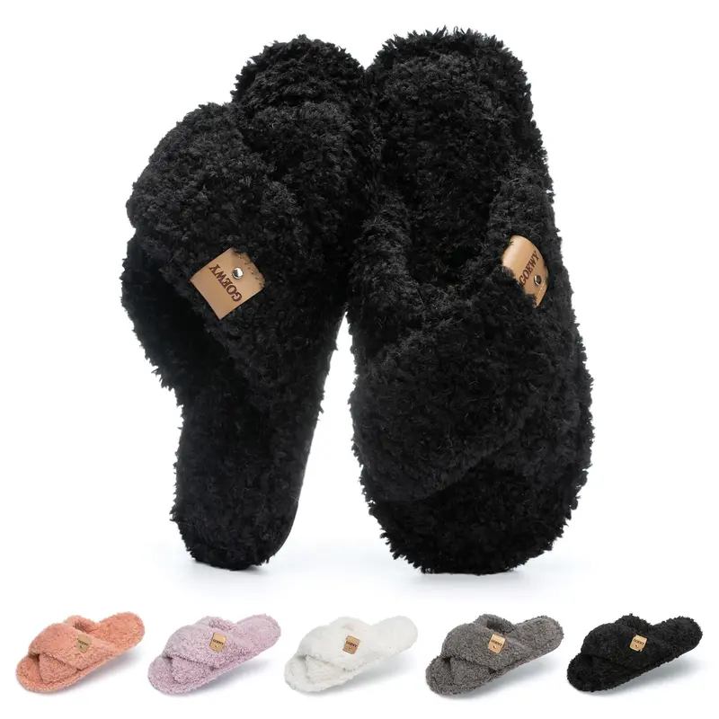 GOEWY Women's Cozy Fur Open-Toe Slippers - Braid Cross Band, Slip-On with Memory Foam, Polyester Fiber Upper, Rubber Sole, All Seasons Shoes for Women - Cute Girly Mom Birthday Gift