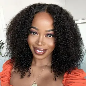 Tuneful V Part Kinky Curly Wig Human Hair Upgrade U Part Human Hair Wig With Adjustable Drawstring 180% Density V Shape Clip In Half Wig For Women Natural Color Beginner Friendly
