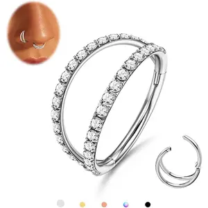 MILACOLATO G23 Titanium Nose Rings Hoops 16G 18G 20G Double Hoop Septum Click Nose Rings Lip Rook Lobe Tragus Helix Cartilage Daith Conch Earrings Clear CZ Paved Nose Piercing Jewelry for Women Men