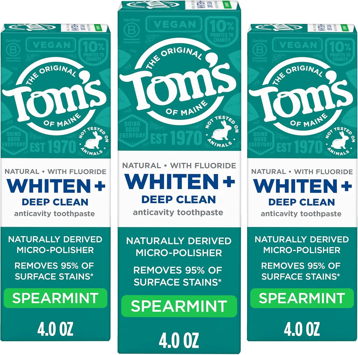 Tom's of Maine Whiten Plus Deep Clean Whitening Toothpaste, Mint, 3Pk, 4 oz | Spearmint, Natural Toothpaste with Fluoride, Removes 95% of Stains, Enamel Safe Formula, Whitens Without Causing Sensitivity
