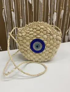 Blue Evil Eye Straw Crossbody Bag