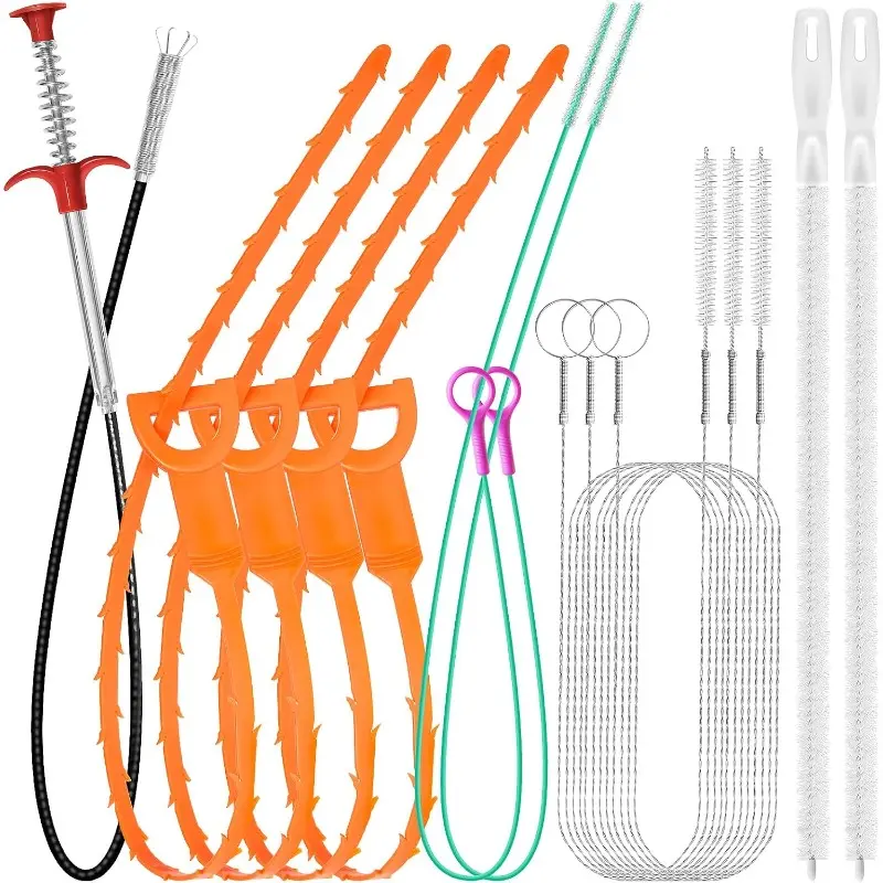 12 Pack Drain Clog Remover Kit, 59" Drain Snake(3Count), 37" Steel Sink Snake(2Count), 25" Snake Drain Hair Removal Tool(4Count), 24" Drain Cleaner Tool(1pc), 18" Drain Brush(2pcs) for Sink, Toilet, Shower