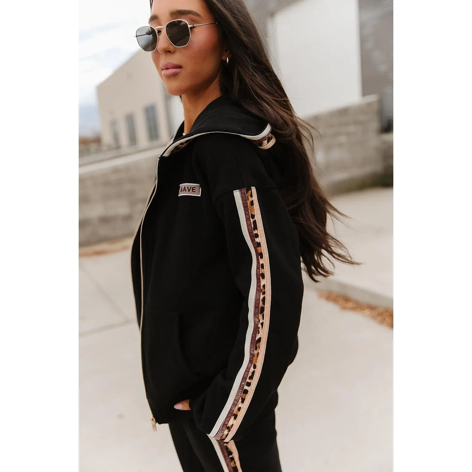 Comfort Zone FullZip - Fearless & Free | Womenswear Hoodie Black Leopard Stripe | Fleece Lined Casual Comfy | Matching | Plus Size