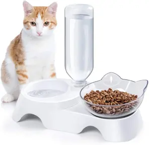 Dog Cat Bowls - Pets Water and Food Bowl Set, 15°Tilted Water and Food Bowl Set with Automatic Waterer Bottle for Small or Medium Size Dogs Cats