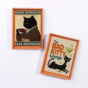 1pc/2pcs Mid Century Modern Cat Refrigerator Magnets, Cat Fine Art Refrigerator Magnets, Black Kitty Lounge Refrigerator Magnets Decoration, Cat Art Refrigerator Magnets Gift For Cat Lovers, Retro Cat Refrigerator Magnets, Home Decor