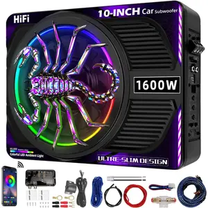 2026 Upgraded 1600W 10" Slim Under Seat Subwoofers with Amp & LED Ambient Lights for Truck/Car - Deep Bass, Individual Controls (LPF/Gain/Bass Boost), High Output Distortion-Free Audio