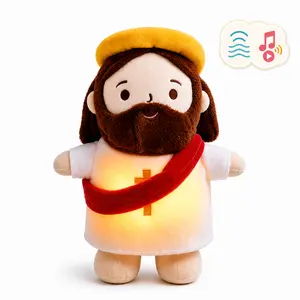 Breathing Jesus Plush Doll with Soft Music, Calming Light-Up Belly Baby Comfort Toy for Sleep, Cuddly Soothing Companion with Blue Sash Gift,  Christian Catholic Religious Plushie Gifts for Kids