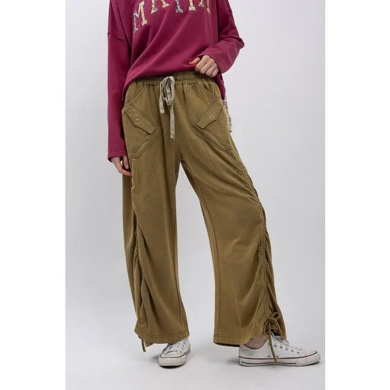Ruched Wide-leg French Terry Sweatpants in Olive