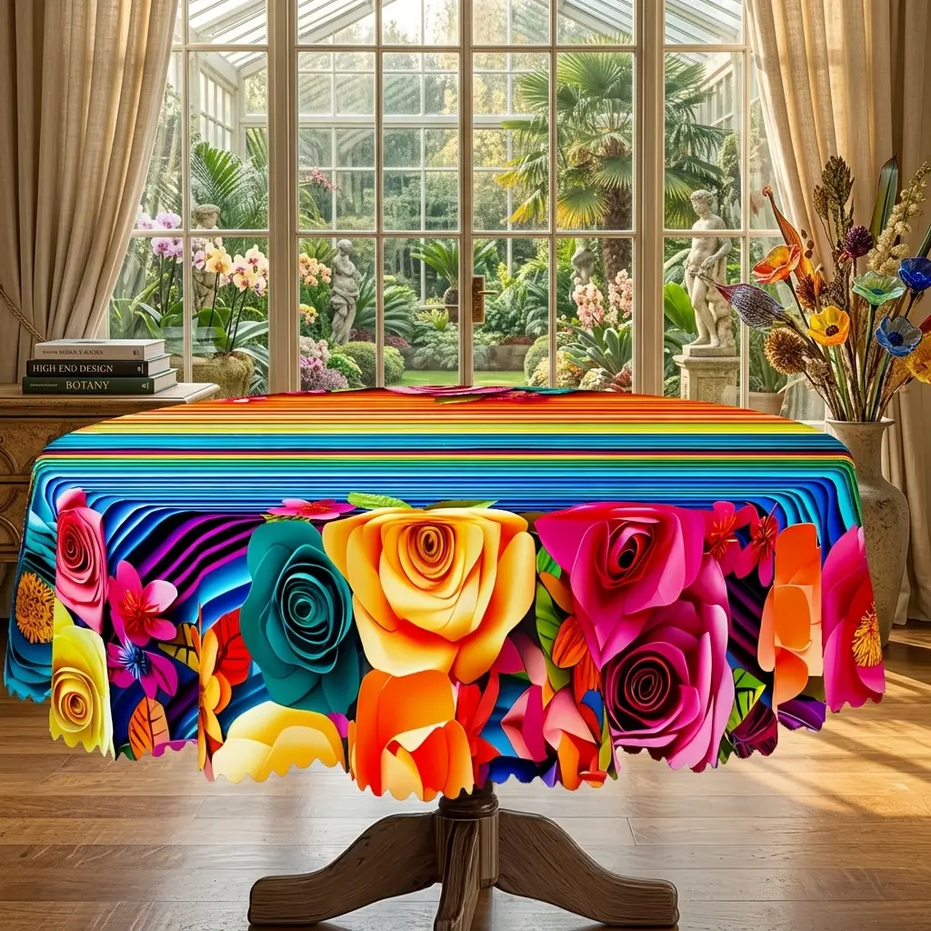 Colorful Mexican Floral Tablecloth, Rainbow Stripe Rose Table Cover for Dining Table, Kitchen, Fiesta Party and Boho Home Decor