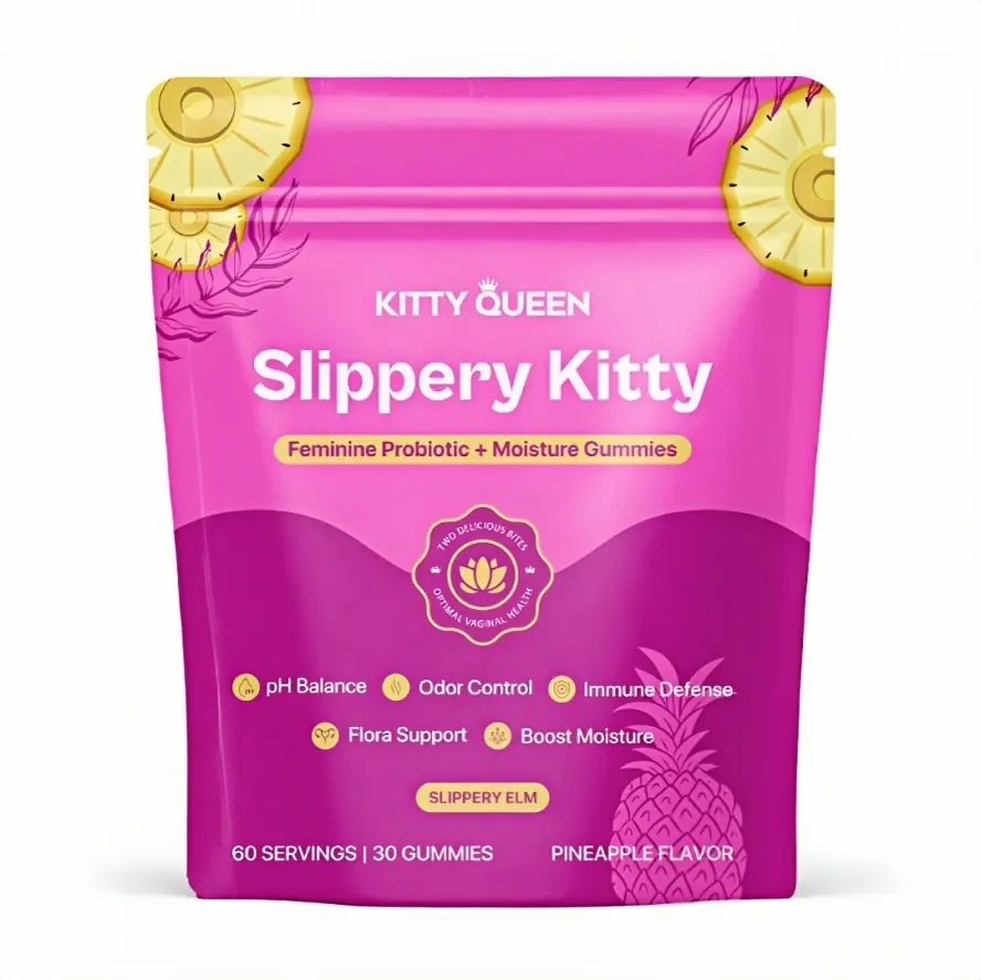 Slippery  Kitty Feminine Probiotic + Moisture Gummies - All inOne Solution with Slippery Elm 60 Count Pineapple FlavorNatural Probiotic Supplement, feminine gummies, ph balance gummies