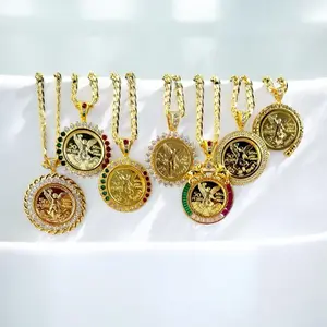 Centenary Mexican Medals 50 Pesos Gold Plated 14K with Zirconias and 24-Inch Cuban Chain for Men and Women
