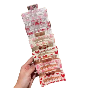 6pcs Women Heart Printed Square Hair Clips, Sweet & Cute Style Hair Accessories. Suitable for Valentine's Day, daily casual, outdoor wear, parties and dating.