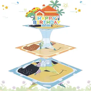 Cartoon  Home Round Cardboard Cupcake Stand for 24 Cupcakes Blue House Birthday Party Supplies 3-Tier Cupcake Stand for  Happy Birthday Party Decorations