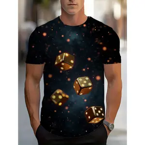 Menswear Men's Stylish 3D Cosmic Dice Polyester Top - Round Neck Shortsleeve Graphic Tee, Golden Dice in Starry Void with Glowing Particles, for Casual Summer Wear
