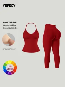 Women's Soft Moisture-Wicking Sports Bra Tank Top + High Waist Leggings, Detachable Padding, Backless Yoga Set, Sporty Style, Workout Sets
