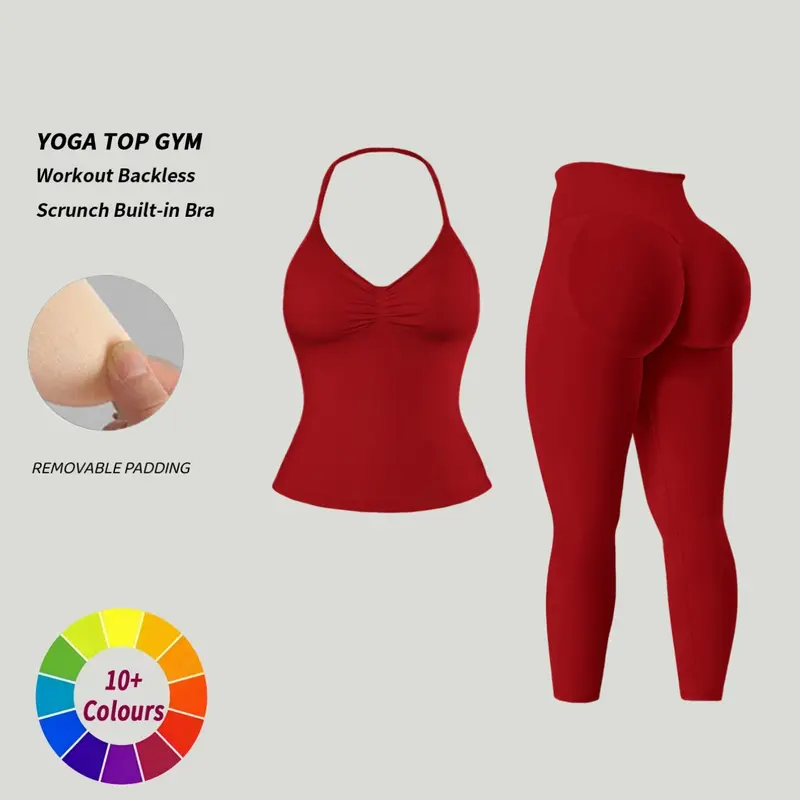Women's Soft Moisture-Wicking Sports Bra Tank Top + High Waist Leggings, Detachable Padding, Backless Yoga Set, Sporty Style, Workout Sets, Fitness Wear, Sporty Style Clothes