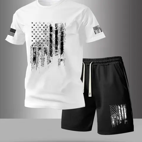 Men's Style Set Flag Design Letter Print Classic Round Neck Breathable T-Shirt + Summer Drawstring Pocket Sweatpants Shorts, Casual Outdoor Playset Tee