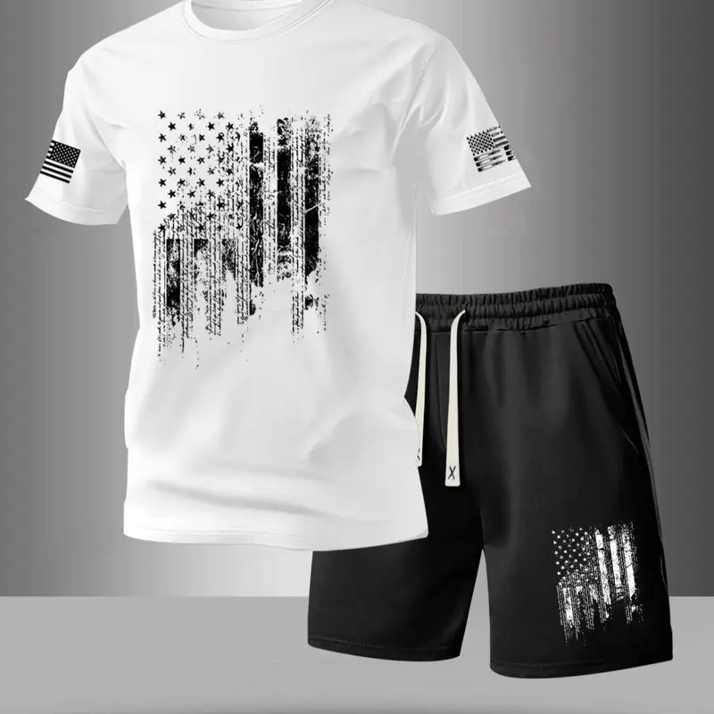 Men's Style Set Flag Design Letter Print Classic Round Neck Breathable T-Shirt + Summer Drawstring Pocket Sweatpants Shorts, Casual Outdoor Playset Tee