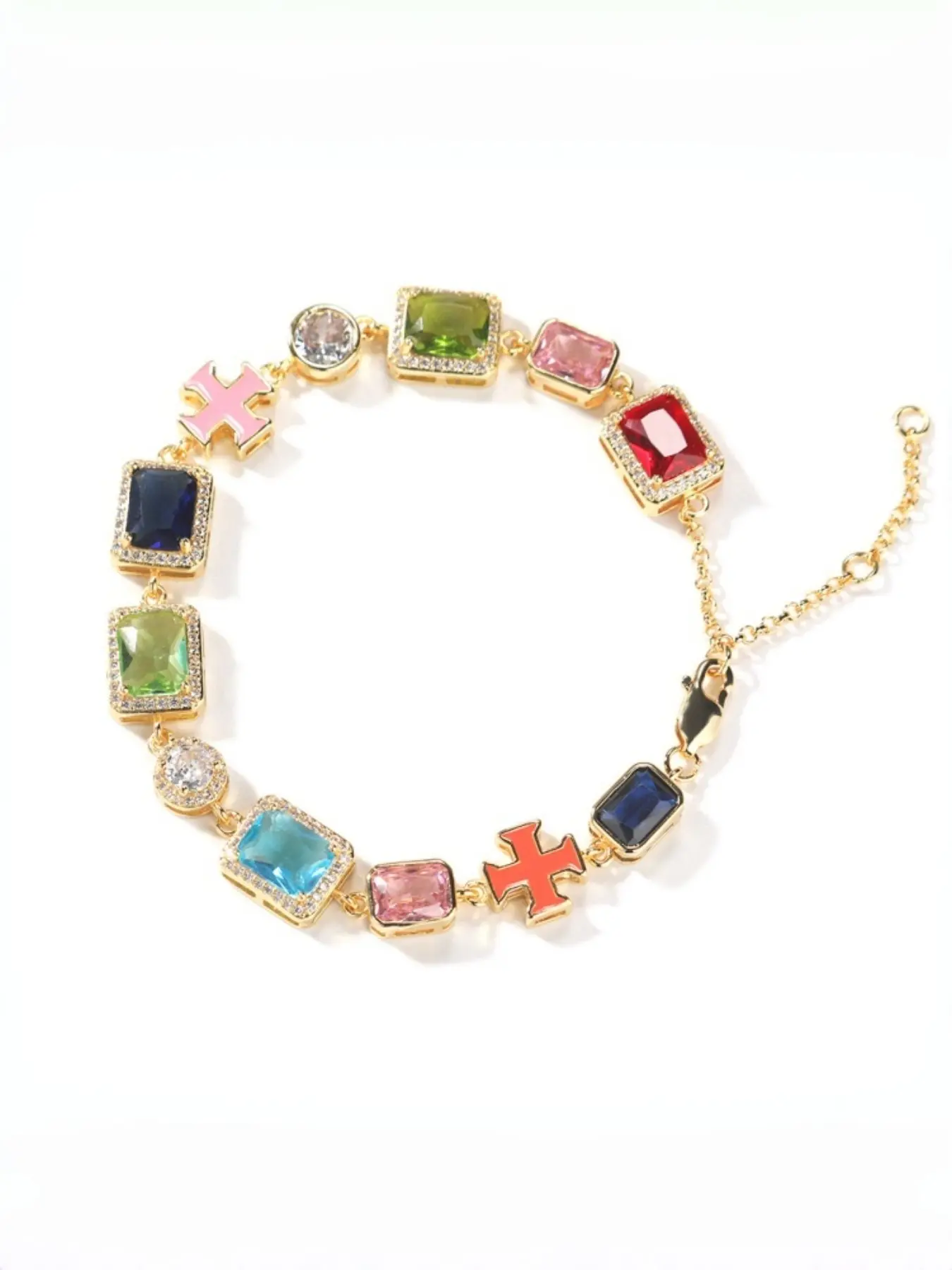 Hip Hop Multicolor Gemstone Bracelet, Style Rhinestone Geometric Adjustable Unisex Luxury Necklace Jewelry Luxury Multicolor Gemstone Jewelry Set, Gold Plated Cubic Zirconia Cross Tennis Bracelet, Colorful Statement Jewelry for Women