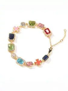 Hip Hop Multicolor Gemstone Bracelet, Style Rhinestone Geometric Adjustable Unisex Luxury Necklace Jewelry Luxury Multicolor Gemstone Jewelry Set, Gold Plated Cubic Zirconia Cross Tennis Bracelet, Colorful Statement Jewelry for Women