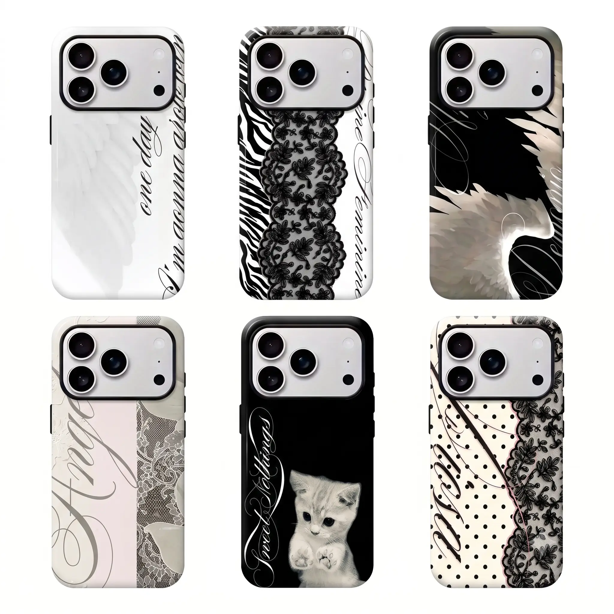 Women's Angel Wing & Lace Magnetic Smartphone Case - 2-in-1 Korean Style Handheld Devices Protection, Aesthetic Coquette Black White Print, Shockproof Hard PC + Soft TPU Bumper, Slim Waterproof Camera-Safe Cellphone Accessory