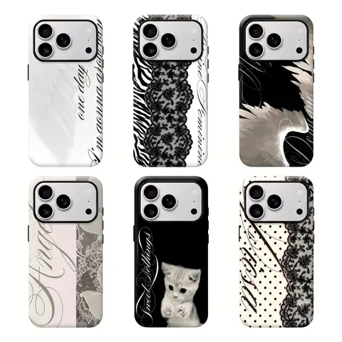 Women's Angel Wing & Lace Magnetic Smartphone Case - 2-in-1 Korean Style Lightweight Shockproof Cover, Aesthetic Coquette Black White Print, Hard PC+Soft TPU Bumper, Slim Fit Waterproof Protector, Camera Safe, Button-Enabled for iPhone Series Accessories