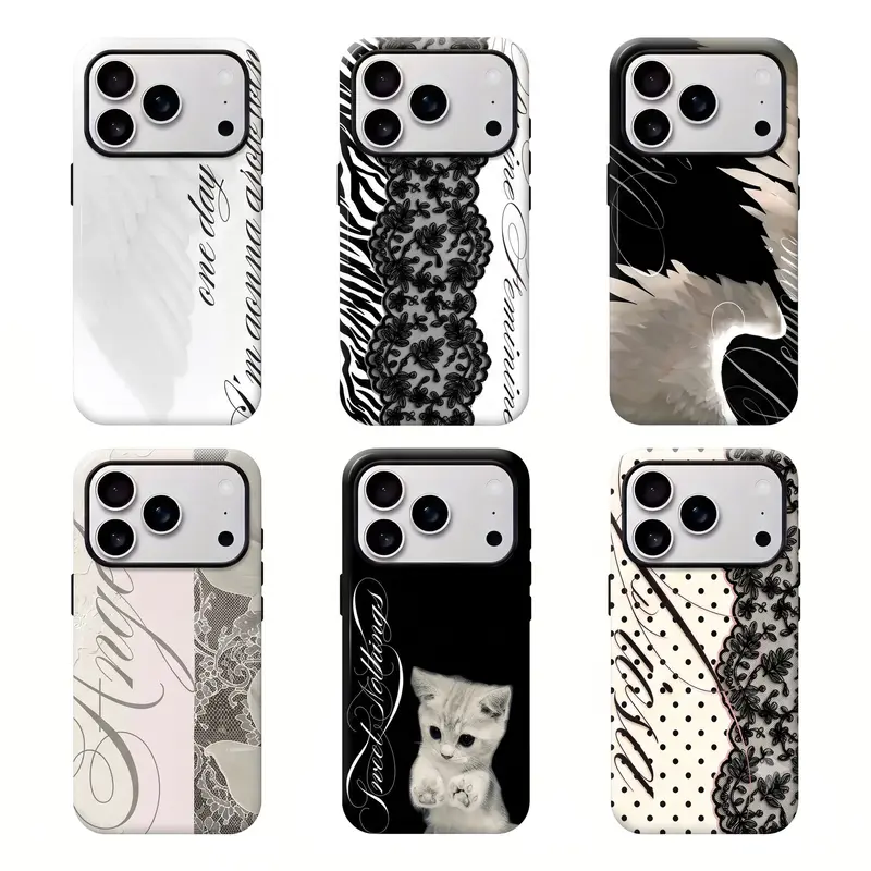 Women's Angel Wing & Lace Magnetic Smartphone Case - 2-in-1 Korean Style Lightweight Shockproof Cover, Aesthetic Coquette Black White Print, Hard PC+Soft TPU Bumper, Slim Fit Waterproof Protector, Camera Safe, Button-Enabled for iPhone Series Accessories