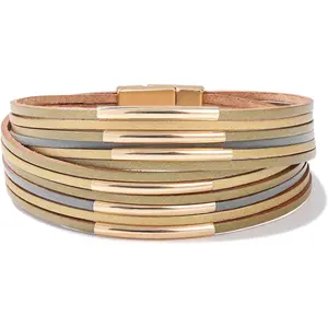 Boho Leather Bangle Bracelets Stackable Noodle Tube Bracelets Layered Wrap Cuff Bracelets with  Clasp