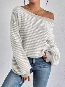 Women's Striped Print Off Shoulder Sweater Pullover, Casual Long Sleeve Jumper for Daily Outdoor Wear, Women Knitwear for Spring Fall, Basic Tops, Womenswear