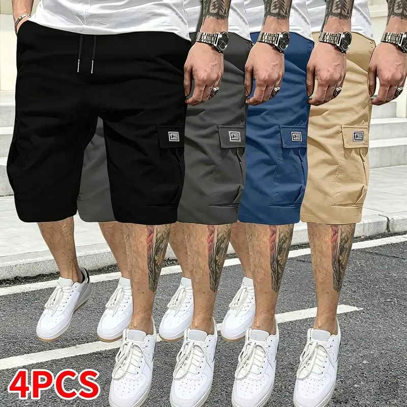 Men's 4-Piece Athleisure Street Shorts Set - Summer Solid Polyester Clothing, Outdoor Workout Run-Ready Cargo Shorts with Drawstring Elastic Waistband, Multiple Functional Pockets, Plus Sizes, Machine Washable for Casual Wear